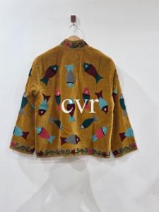 Abrigo de terciopelo vintage bordado con cuello mandarín, manga larga, diseño de peces, hecho a mano, para mujer adulta, ropa exterior informal de invierno - Product Image 3