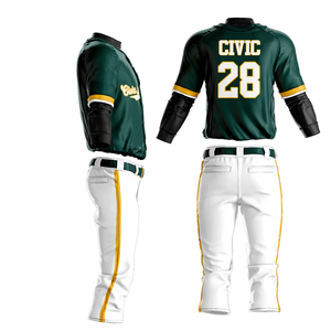 Civic Sports <b>Baseball</b> Uniform Unisex Full Sleeve Jersey White Pants Green Gold Trim Breathable Anti-Bacterial Quick Dry Cotton - Product Image 4