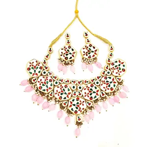 Ensemble de collier vintage plaqué or Meenakai Kundan avec perles roses et zircon, bijoux fins pour femmes, pour cadeau de mariage - Product Image 3