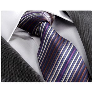<b>Navy</b> Lilac Brown Striped Jacquard Woven <b>Tie</b> Pocket Square Cufflink Set in Gift PU Leather Box for Groom Wear - Product Image 4