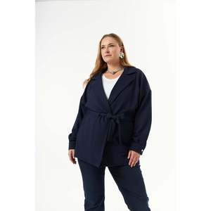 Chaqueta con Cintura Ajustable con Cordón Azul Marino Talla Grande para Mujer RMG - Prenda Exterior Elegante de Poliéster Tejido para Todas las Temporadas - Product Image 5
