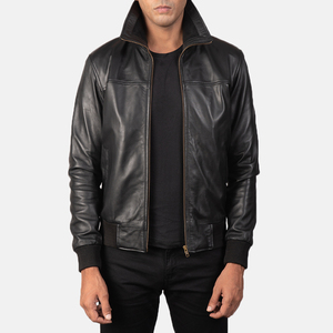 Rolf Men's Bomber <b>Jacket</b> Black Leather High Street Style Breathable Windproof Anti-Bacterial Winter Lightweight Light Fabric - Product Image 1