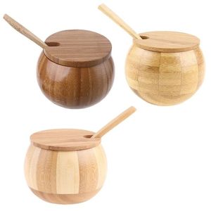 Pot à sucre rond en bois naturel fait main, pot à sucre et à sel classique en bambou tendance pour la cuisine - Product Image 2