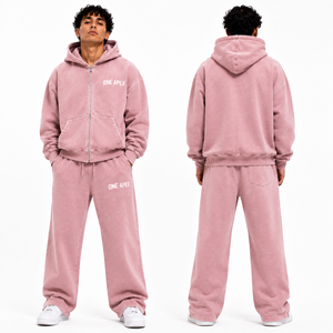 Sudadera con capucha y cremallera completa extragrande rosa bebé para hombre, 100% algodón de alto gramaje, parte inferior abierta, conjunto deportivo OEM ODM al por mayor - Product Image 5