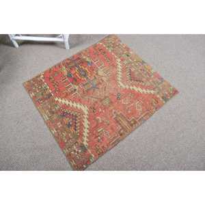 Vintage Turkish Small Eco-Friendly Latex Backing Rug 2.6x3.1 ft <b>Red</b> Blue Patchwork <b>Wool</b> Rug - Product Image 2