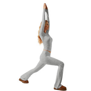 Recién llegado, chándal de gimnasio informal de Invierno para mujer, cultivo de manga larga, venta al por mayor, patrón sólido de algodón, un conjunto, corto tejido lavado - Product Image 4