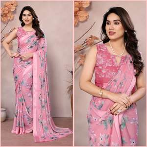 ชุดส่าหรีผ้าซาตินพิมพ์ลายมอสสีสดใสสำหรับผู้หญิงผ้าซาติน - Product Image 4