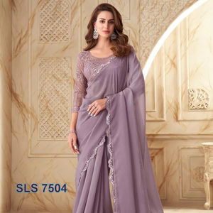 Sari en soie de créateur exclusif avec belle bordure de travail de séquence de broderie de haute qualité pour la fête de mariage porter le style pakistanais - Product Image 1