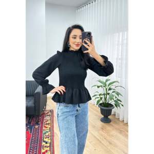 Blusa Negra con Cuello Alto Fruncido para Mujer, Marca Lustrin, con Elegantes Detalles de Encaje, Tejido Transpirable de Mezcla de Algodón para Primavera/Verano - Product Image 4