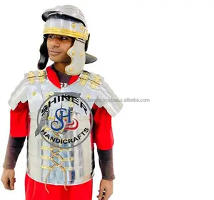 Medieval Armor Roman Lorica Segmentata Legionary Steel Jacket W/Roman Helmet & Red Tunic Silver Polished Costume