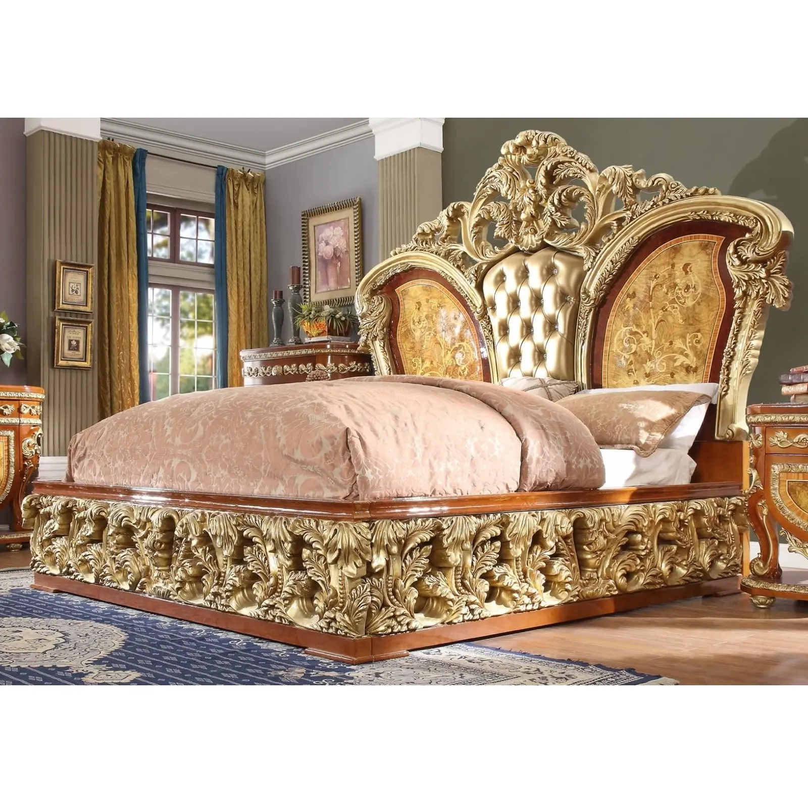 Juego de muebles de dormitorio de madera clásicos de estilo europeo de lujo, juego de dormitorio de tamaño Queen artesanal de madera, tamaño King asequible tallado a mano