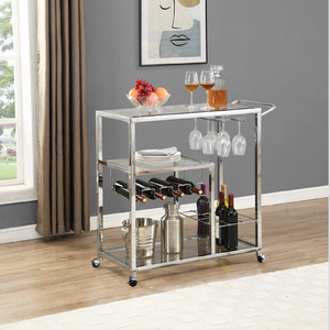 Elegant three-tier chrome metal, and dark wood serving <b>trolley</b>, with curved supports, available at wholesale prices. - Product Image 5