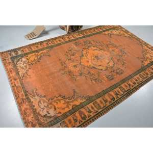 พรมตุรกีโบราณขนาด5.2x9ฟุตผ้าวูลสีเขียวส้มสานเรียบมีลวดลายปะติดสำหรับตกแต่งห้องนั่งเล่นหรือใช้ในห้องโถง - Product Image 2