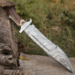 Hot OEM Wholesale Custom Handmade Damascus Steel Drop Point Bowie Hunting Knife Green Exotic Wood Handle Brass Bolster Leather - Product Image 4