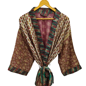 Peignoir de nuit en soie sari recyclée taille libre Robe longue, Kimono sari indien vintage en soie recyclée imprimé floral, - Product Image 1