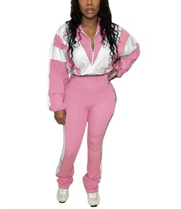 Acheter en gros à la mode deux pièces ensemble pour femme bloc de couleur à manches longues fermeture éclair veste courte et pantalon ajusté skinny survêtement - Product Image 4