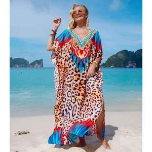 Women Leopard Print <b>Kaftan</b> Maxi Dress V Neck Loose Fit <b>Beach</b> Cover Up Summer Resort Wear Long <b>Kaftan</b> - Product Image 2