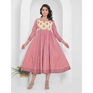 Pink Block Printed Long Cotton Anarkali Dress with Breathable Long Sleeves - Product Image 3