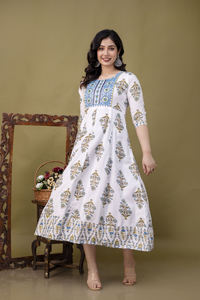 Vestido Maxi de Algodón con Estampado Floral Étnico Indio, Estilo Bohemio con Estampado y Mangas Largas, Conjunto Casual Kurta para Mujer - Product Image 2