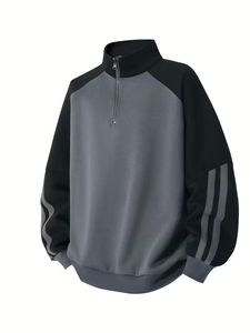 Men's Casual Streetwear Hoodie with Half-<b>Zip</b> Front Contrast Color Block & Stand Collar Design Versatile Regular Fit Sweatshirt - Product Image 6