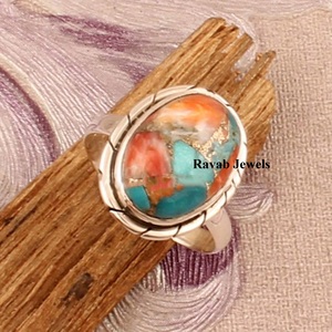 SOCTDSGR8 Fine Copper <b>Turquoise</b> <b>Ring</b> 12x16mm Eternity Vermeil Genuine Silver Factory Jewelry Natural Spiny Oyster Bezel Setting - Product Image 4