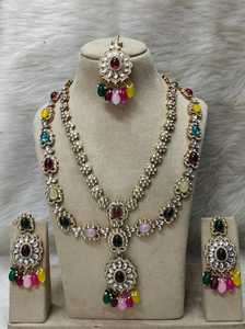 Chapado en oro de doble capa hecho a mano Kundan verde detalle rubí y blanco cuentas gargantilla conjunto de joyas hecho a mano producto a granel - Product Image 2