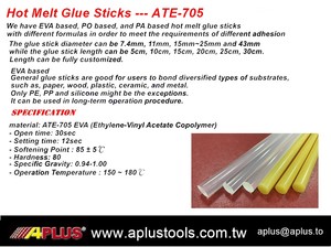 Bâtons de colle thermofusible APLUS ATE-705 à base d'EVA, diamètre 11,2 mm, pour applications sur papier, bois, métal, carton, personnalisables OEM - Product Image 2
