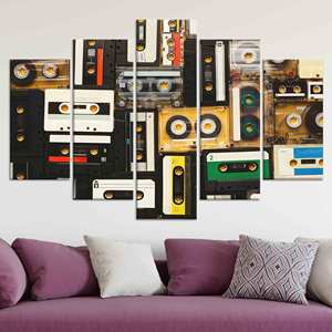 Toile d'art vintage rétro avec cassette audio - Décoration imprimée pour salle de musique, lot de 5 toiles assorties - Product Image 1