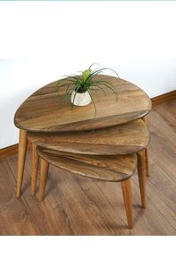 Juego de 3 Mesas Auxiliares Modernas de Mediados de Siglo, de Madera de Nogal Sólido, con Superficie de Mesa Pebble, para Sala de Estar, Regalo de Inauguración de Casa - Product Image 5