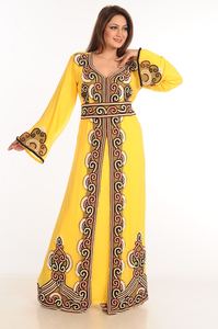 Yellow Zari Work Stones & Beads Embellish Georgette Estilo islámico Arabian Maxi Partywear Kaftan - Product Image 2
