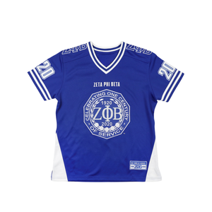 Camiseta de fútbol Zeta Phi Beta Centennial negro 100% poliéster escudo bordado mangas delanteras y traseras cuello en V dobladillo a rayas - Product Image 1
