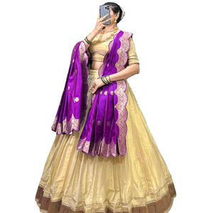 Le coton crème lourd exclusif érode la plaine avec Paithani Lace Border Festival Wear Lehenga Choli - Product Image 1