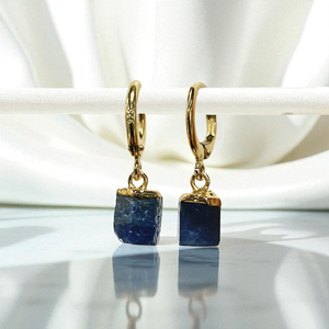 Raw Sapphire Birthstone <b>Gold</b> Plated <b>Drop</b> Hoops <b>Earrings</b> 925 Sterling Silver Women Rough Stone <b>Earrings</b> - Product Image 1