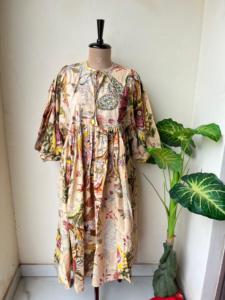 Vestido de algodón con estampado floral indio hecho a mano para mujer, vestido Midi con estampado de bloques, vestido de algodón floral hecho a mano de talla grande Natural - Product Image 5