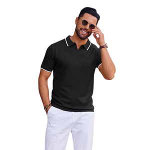 Classic Black Men's Knitted Cotton Breathable <b>Shirt</b> Short Sleeve Anti-Wrinkle with <b>Plain</b> Dyed and Embroidered Print <b>White</b> Trim - Product Image 4