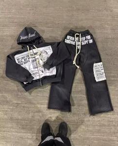 Conjunto Deportivo Bordado Vintage de Alta Calidad con Logotipo Personalizado, Sudadera con Capucha y Cremallera con Cordón Ajustable y Pantalones Deportivos Holgados, Fabricante - Product Image 4