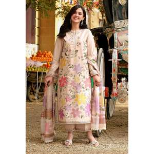Conjunto ANEELAS de 3 Piezas: Camisa de Lino Transpirable Bordada, Dupatta Estampada en Tela Khaadi y Pantalones Bordados-BIC-4783 para Verano - Product Image 1