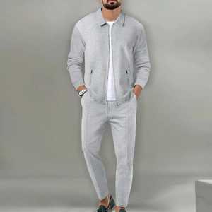 Men Cotton Tracksuit Breathable Knitted Solid Casual Zip Jacket <b>Jogger</b> Pants Two Piece Set - Product Image 3