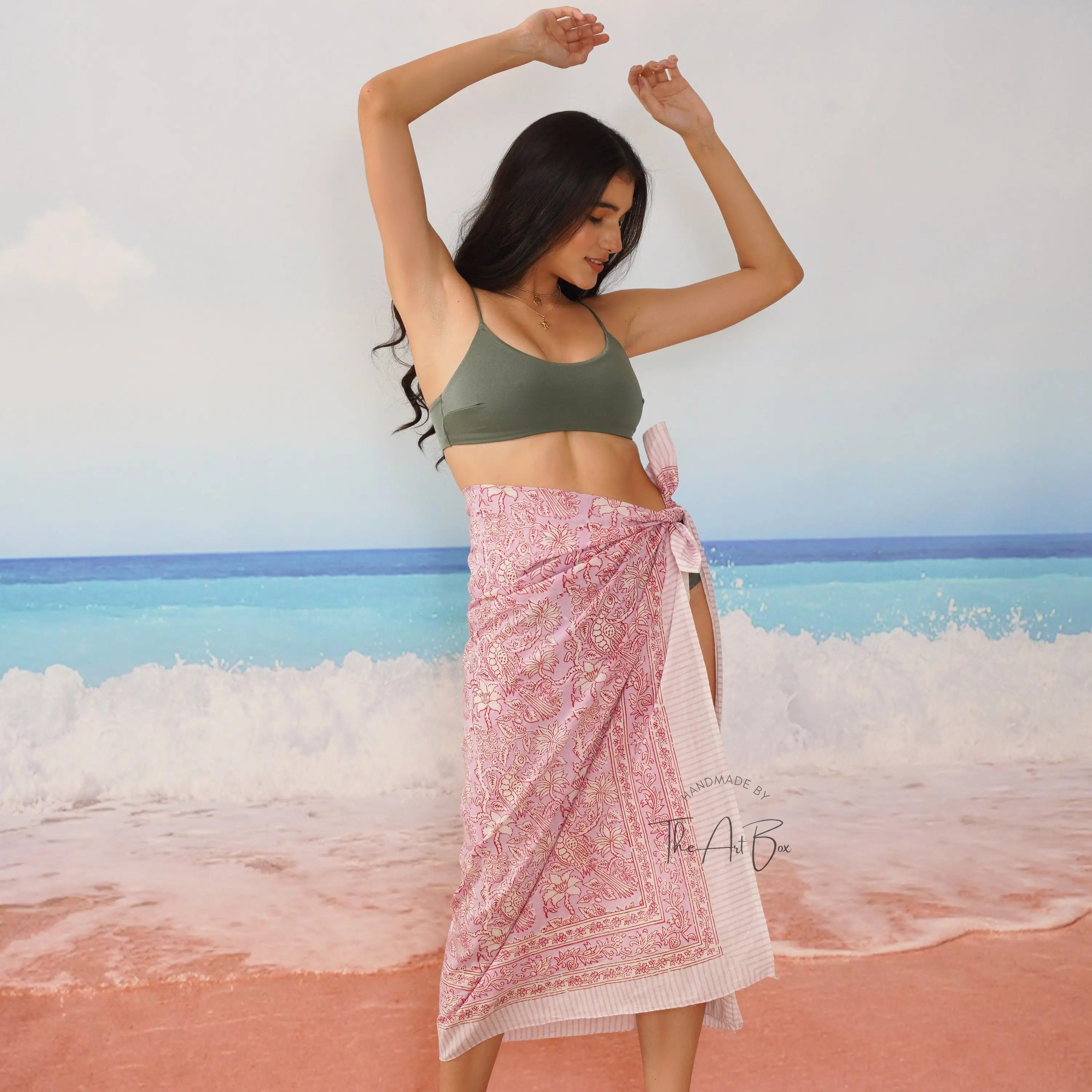 Mujeres Floral mano bloque impreso puro algodón ropa de playa Sarong Body Wrap Bikini cubrir bufanda grande