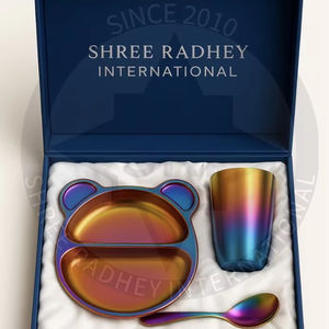 Ensemble repas écologique en acier inoxydable en forme d'ours, assiette réutilisable à compartiments, bol, cuillère, tasse, finition irisée, boîte cadeau repas enfant - Product Image 1