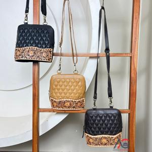 Women Hand Tooled Leather Zipper Shoulder Bag Diamond Lattice Brown Quilted Zipper Crossbody Bag Cowhide Leather Luxury Handbags - Product Image 1