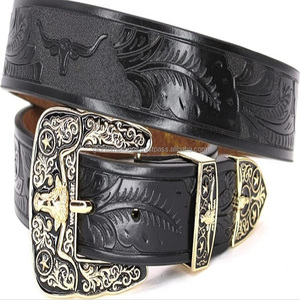 Ceinture d'outillage à la main en cuir occidental à motif unique Wave Tooling pour cowboy cowgirl avec ensemble de boucles florales robustes plaquées argent - Product Image 2