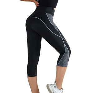 Pantalones Capri de cintura alta para mujer, mallas transpirables de nuevo diseño, cintura elástica, rayas brillantes personalizadas, bloque de Color hasta la rodilla - Product Image 1