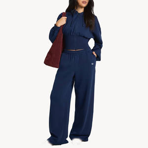 ชุดเซ็ตเสื้อฮู้ดซิปสีกรมท่าสำหรับผู้หญิงและกางเกงขายาวผ้าฟลีซทรงหลวม เอวยางยืด ชุดลำลองสบายๆ รับผลิตแบบ OEM ODM จำนวนมาก - Product Image 1