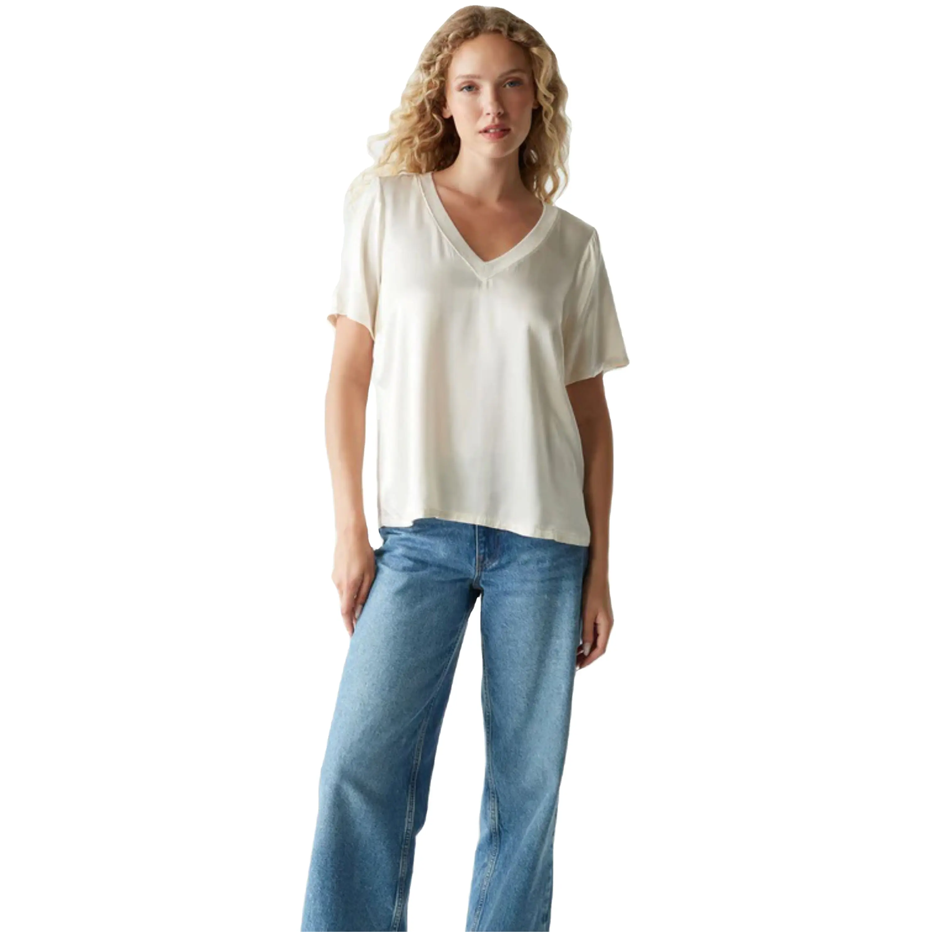 Camiseta elegante con cuello en V para mujer: mezcla de algodón suave, perfecta para ropa informal, disponible en varios colores y tamaños