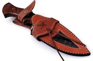 มีดล่าสัตว์ทำจากเหล็กดามัสกัสพร้อมที่จับไม้มีดปลอกหนังบริการ OEM ODM - Product Image 4