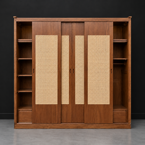 Armoire de rangement avec portes coulissantes en rotin et bois, avec étagères latérales et tiroirs pour chambre à coucher - Product Image 1