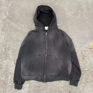 Custom Logo High Quality Streetwear Hoodie Fleece Blank up Vintage Double Layer Acid Wash Sun Faded <b>Distressed</b> Pockets Hoodies - Product Image 1