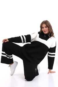 Haute qualité femmes tricots rayé fermeture éclair surdimensionné deux pièces ensemble tenue décontracté tenue de bureau pull pantalon ensemble - Product Image 6