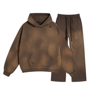 ชุดเสื้อมีฮู้ดใส่สบายๆสำหรับผู้ชายไม่มีสายสีซีดเสื้อมีฮู้ดและกางเกงวอร์มทรงหลวมแนววินเทจกำหนดโลโก้ได้เอง - Product Image 1